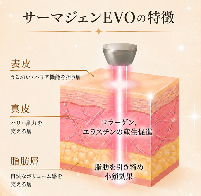 サーマジェンEVOの特徴。表皮（うるおい・バリア機能を担う層）、真皮（ハリ・弾力を支える層／コラーゲン・エラスチンの産生促進）、脂肪層（自然なボリューム感を支える層／脂肪を引き締め小顔効果）への作用を示した皮膚構造図